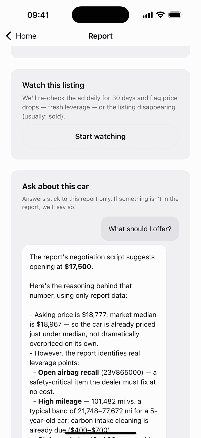 Ask about this car: what should I offer, answered from the report's own numbers — the $18,967 median, the open recall and the mileage band